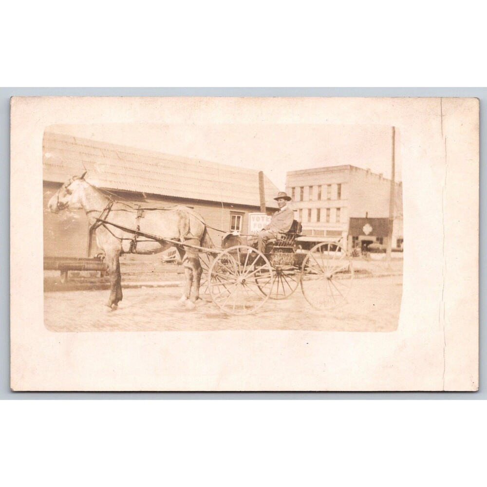 Antique RPPC Horse & Buggy Street Scene Postcard 1920s VOTE FOR Political Sign